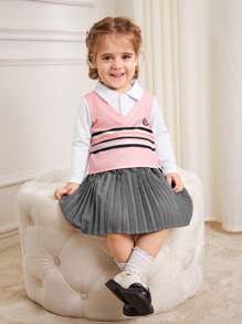 SHEIN Baby Girl Contrast Color Collegiate Style Sweatshirt With Striped Letter Print & Turndown Collar, Half Placket + Pleated Skirt, Suitable For Outgoing, Leisure, Party Wear, Autumn - Pink - View 1