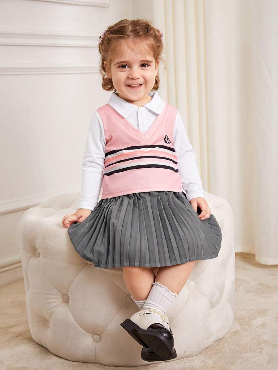 SHEIN Baby Girl Contrast Color Collegiate Style Sweatshirt With Striped Letter Print & Turndown Collar, Half Placket + Pleated Skirt, Suitable For Outgoing, Leisure, Party Wear, Autumn - Pink - View 1