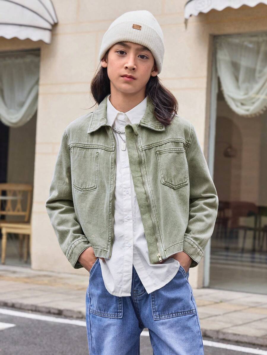 SHEIN Solid Color Denim Casual Washed Jacket With Pockets For Tween Boys - Green - View 1