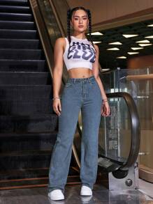 SHEIN ICON Imbracaminte ocazionala de zi cu zi Pantaloni lungi din denim pentru femei, nasturi casual de iarna, buzunar, fermoar natural picior drept, lungi, spalare medie, pantaloni de dama cu talie regulata, imbracaminte zilnica casual