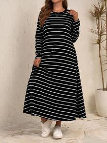 Rosumi 女式加大码长袖条纹长裙，带口袋 - 黑色 - 查看 4
