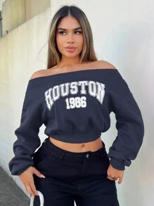 SHEIN SXY Lente off-shoulder korte damessweatshirt met letterprint