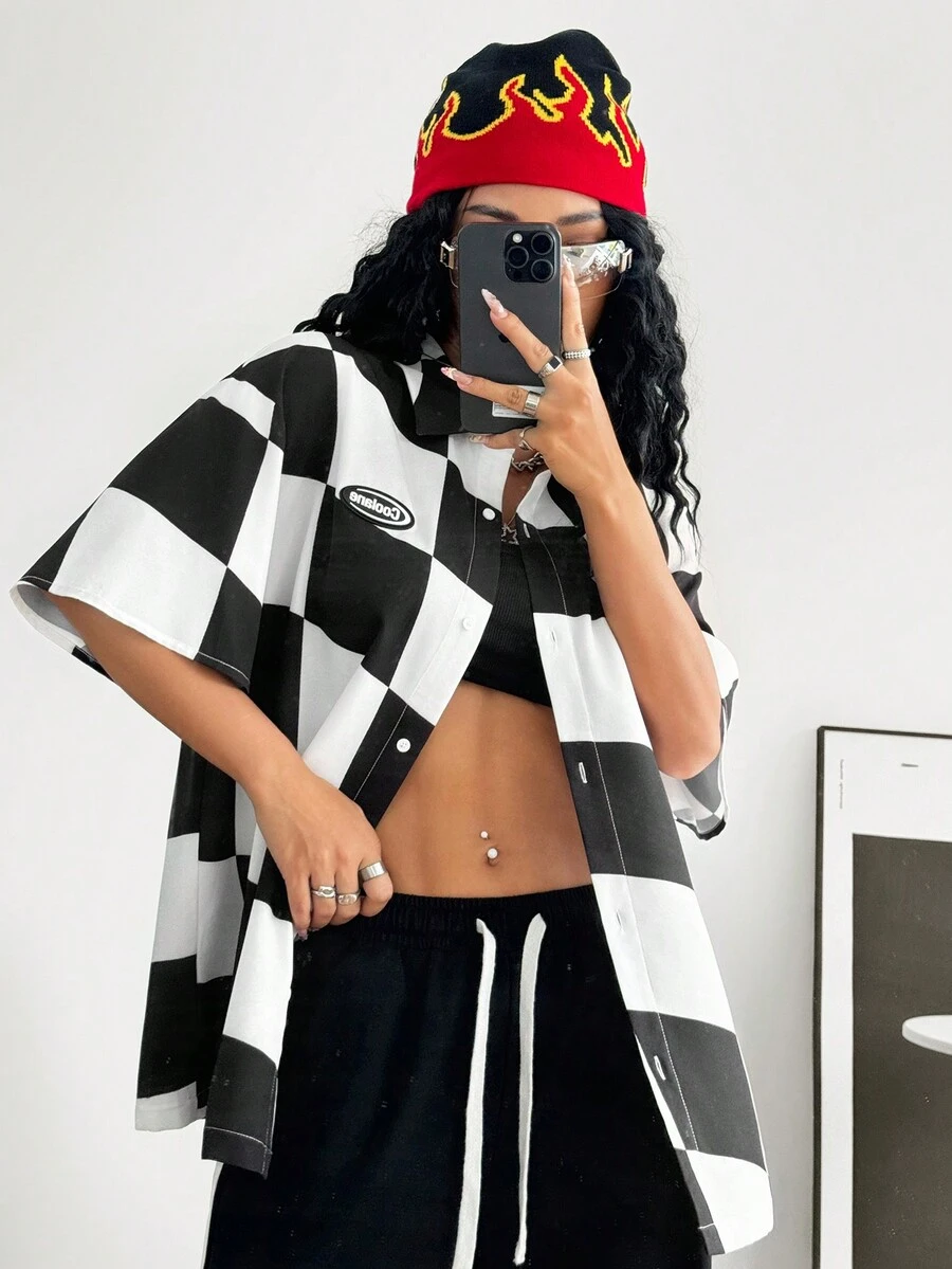 SHEIN Coolane Women's Street Style Cool Grid Patterned Shirt For Spring And Summer Mix-And-Match - Black and White - View 1