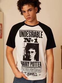 HARRY POTTER X SHEIN Unisex 1pc Casual Colorblock Raglan Sleeve T-Shirt With Black And White Poster Print, Summer - Black and White - View 3