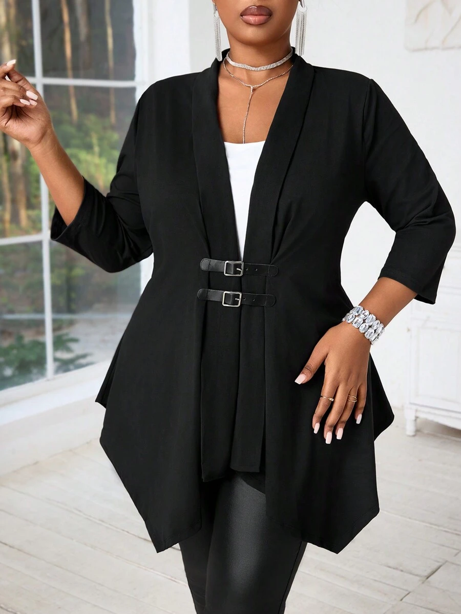 SHEIN Lady 大码黑色开衫，中长袖和金属扣，不对称下摆女士外套秋季女士服装秋季服装外出服装冬季