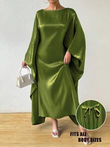 Calvaya Vestido de mujer con cuello redondo, mangas de murciélago, unicolor, estilo holgado y casual, conjunto con vestido largo para ocasiones festivas