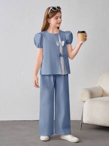 Tween Girl Loose Fit Plaid Patchwork Bubble Short Sleeve Shirt And Pants Casual Two-Piece Set