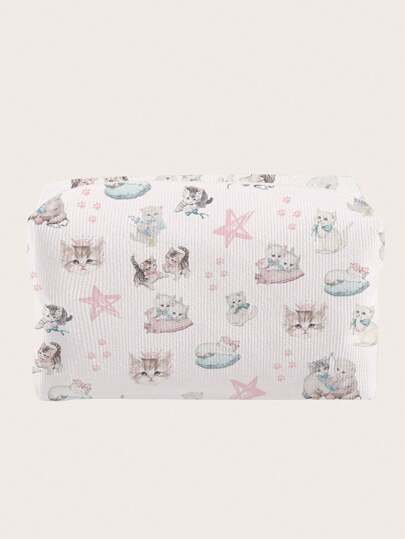 ROMWE Kawaii Cat Star & Paw Print Octagonal Velvet Cosmetic Bag