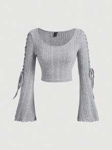 SHEIN MOD Áo thun dài tay cổ tròn thắt nơ bằng vải nỉ dệt kim thu đông cho nữ, Áo trở lại trường, Áo đi chơi, Áo dễ thương đi học, Áo mùa thu, Áo học sinh, Áo len nữ - Xám - Xem 1