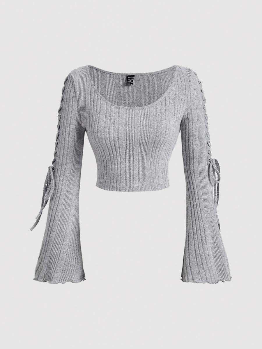SHEIN MOD Áo thun dài tay cổ tròn thắt nơ bằng vải nỉ dệt kim thu đông cho nữ, Áo trở lại trường, Áo đi chơi, Áo dễ thương đi học, Áo mùa thu, Áo học sinh, Áo len nữ - Xám - Xem 1