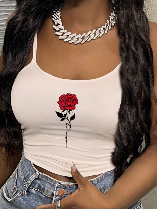 Slaydiva Damen lässiges sexy Trägerhemd mit Rosen Blumen Muster für den Sommer