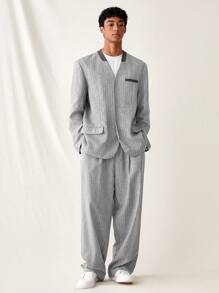 Manfinity VCAY 男士編織時尚日常休閒純色寬腿西裝，2件套裝包括長袖西裝外套和褲子 - 淺灰色 - 查看 7