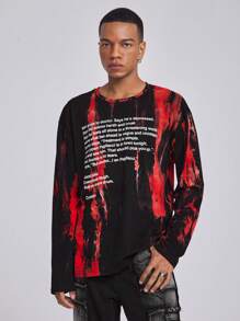 ROMWE MEN ROMWE Avant Men's Printed Simple Daily Round Neck Long Sleeve T-Shirt - Red - View 1