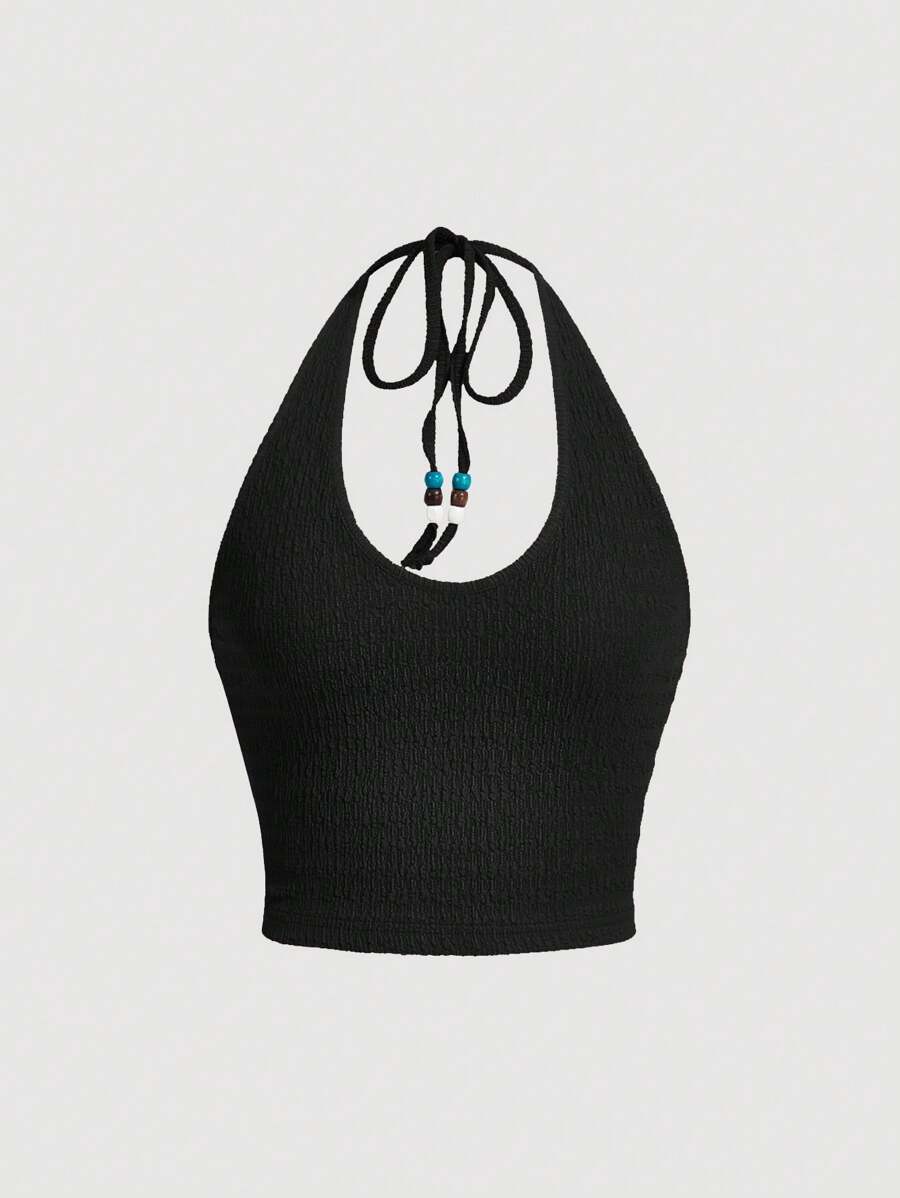 SHEIN MOD Einfarbiges Neckholder Top mit bunter Perlenverzierung