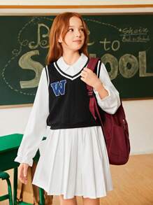 SHEIN Conjunto básico de 3 piezas para niña preadolescente: chaleco, camisa y falda plisada, ropa de vuelta al colegio - Blanco y Negro - Ver 6