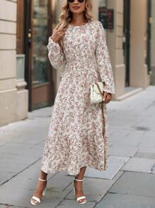 SHEIN Clasi Women's Round Neck Ditsy Floral Long Sleeve Holiday Dress Maxi Women Outfit