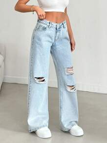 RueChic WIDE LEG DESTOYED LOW WAIST BLUE JEAN - Medium Wash - View 5