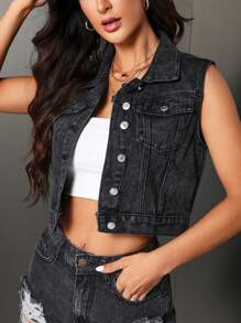 SHEIN Essnce 女士夏季無袖休閒丹寧外套，配有袋蓋口袋 - 黑色 - 查看 3