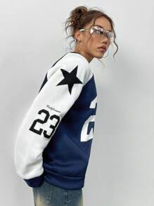 StreetHx V-Neck Color Block Contrast Print Casual Sweatshirt With Raglan Sleeve Design Pullover Fall Outfit