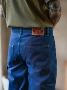 Manfinity Homme American Style Vintage Men's Medium Blue Distressed Wide Leg Jeans, Carpenter Pants