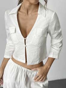 SHEIN Unity Camisa feminina de manga longa simples e básica, para uso diário - Branco - Visão 4