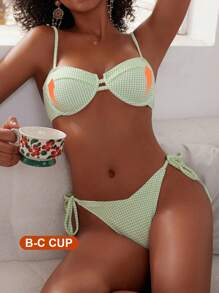 Women's Summer Beach Plaid Halter Triangle Bikini Set - Lime Green - View 1