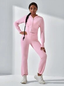 Áo khoác dài tay trơn màu hồng dễ thương thời trang đường phố cho bé gái tuổi teen, bộ 2 chiếc, thiết kế hợp thời trang và trẻ trung cho mùa thu đông, thích hợp mặc thường ngày, dễ thương, quyến rũ, thoải mái, ấm cúng ở nhà, hoạt động trong nhà và ngoài trời, đi học, mua sắm và tiệc tùng - Màu Hồng baby - Xem 6