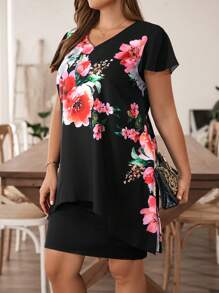 EMERY ROSE Plus Size Women's Floral Print Short Sleeve Top 2pcs/Set - Multicolor - View 3