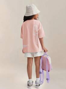 SHEIN 少女寬鬆放鬆肩短袖運動T卹，針織純色帶印字紋路 - 淺粉色 - 查看 1