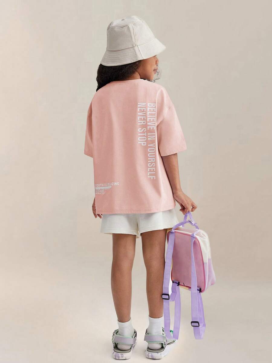 SHEIN 少女寬鬆放鬆肩短袖運動T卹，針織純色帶印字紋路 - 淺粉色 - 查看 1