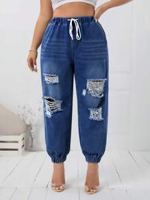 SHEIN Essnce 加大尺碼有口袋磨損扣繩腰牛仔褲 - 深色水洗藍 - 查看 4