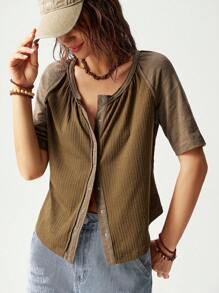 Bohemela Áo thun cardigan cổ tròn màu xanh lá cây dành cho nữ, kỳ nghỉ - xanh quân đội - Xem 3