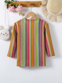 SHEIN Girls' Beach Vacation Sunscreen Colorful Striped Long Sleeve Knitted Thin Open Front Long Cardigan, Suitable For Spring, Summer, Autumn, Beach Vacation And Sun Protection - Multicolor - View 2
