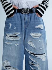 Manfinity Denimwave Y2K Retro Street Style Men's Light Blue Distressed Baggy Jeans Wide Legs Ripped Jeans, For Husband, Boyfriend Gifts - Light Wash - View 7