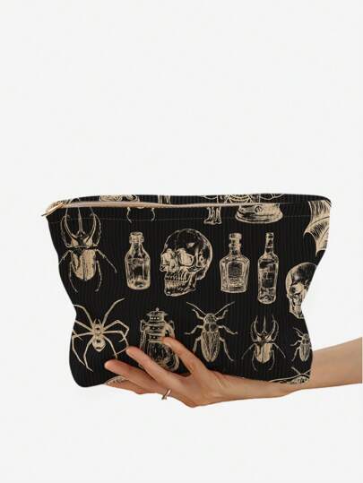 Goth Skull & Insect Specimen Pattern Double-Sided Printed Corduroy Cosmetic Bag