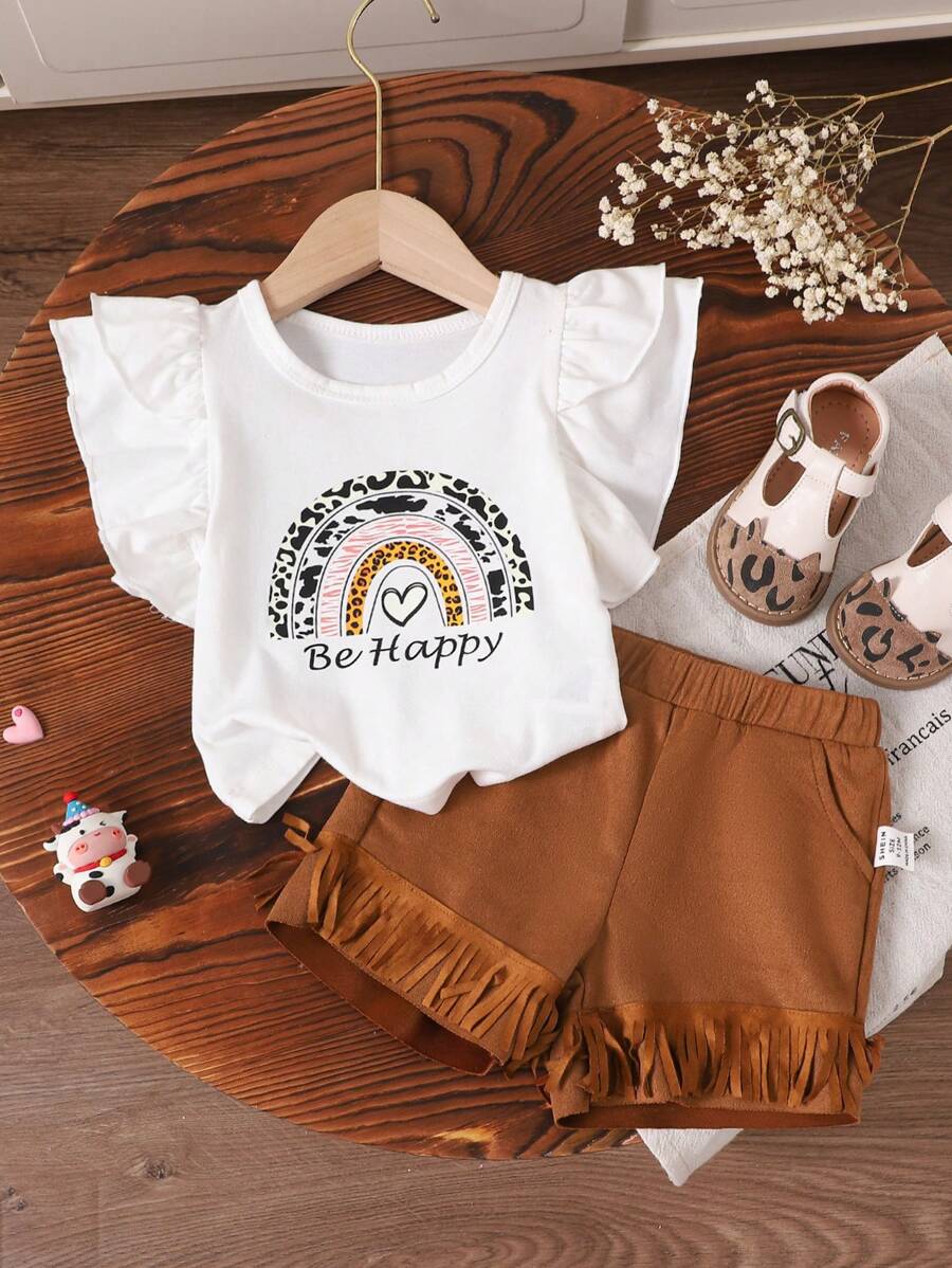 寶寶女孩圓領蕾絲短袖上衣和口袋短褲套裝，帶有字母印花 - 棕色 - 查看 1