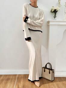 EURMUSE Navy Striped Trim Sweater Pullover And Pleated Skirt - Apricot - View 6