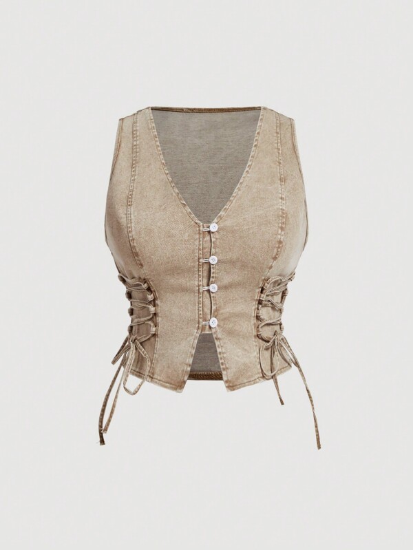 SHEIN MOD SHEIN MOD Vestă de blugi de mărime mare, jachetă vintage fără mâneci bodycon cu cravată, topuri pentru ieșiri, topuri drăguțe de școală, haine pentru întoarcere la școală, topuri preppy, topuri kaki, topuri strâmte, cămăși drăguțe pentru femei, cămașă mulata, haine de toamnă