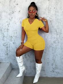 Slaydiva New Arrival Stretchy Polo Collar Tight-Fit Solid Color Mini Bodycon Dress With Wide Ribbed Hem Design