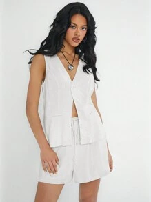 SHEIN EZwear 純色單排扣無袖背心和束腰短褲套裝，夏季 - 白色 - 查看 5