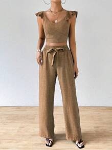 SHEIN Clasi Women's Casual Summer Top With Ruffle Hem And Loose Pants Two-Piece Set - Khaki - View 4