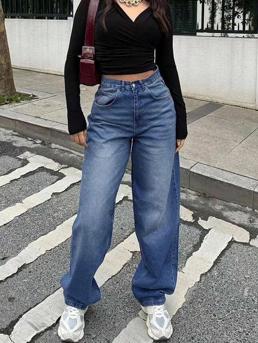 Zipper Fly Wide Leg Jeans - Dark Wash - View 1