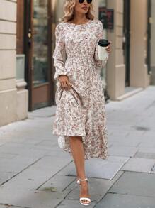 SHEIN Clasi Women's Round Neck Ditsy Floral Long Sleeve Holiday Dress Maxi Women Outfit