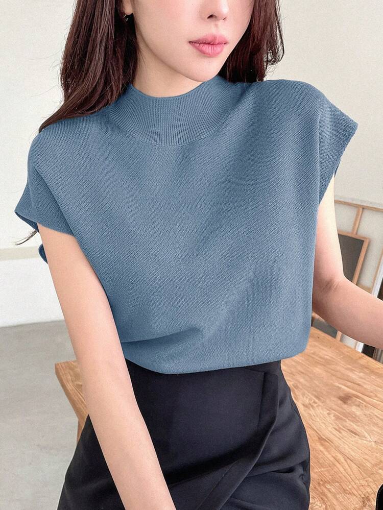 Solid Color Sleeveless Knitted Top With Half High Collar, Summer Casual Wear