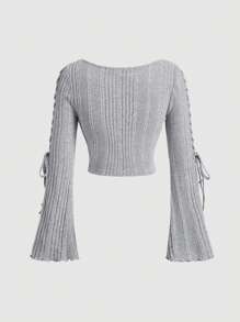 SHEIN MOD Áo thun dài tay cổ tròn thắt nơ bằng vải nỉ dệt kim thu đông cho nữ, Áo trở lại trường, Áo đi chơi, Áo dễ thương đi học, Áo mùa thu, Áo học sinh, Áo len nữ - Xám - Xem 3