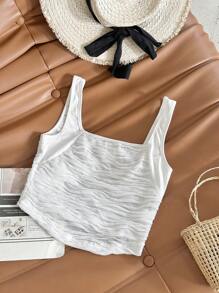 Flirla Top de tanque informal para mujer con cuello cuadrado y pliegues en un solo color