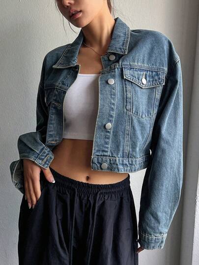 DAZY Áo khoác denim màu trơn cài nút phía trước có túi, tay dài thường ngày, quần áo trở lại trường