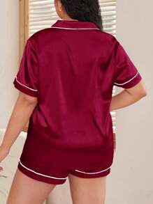 Plus Size Contrast Trim Front Button Short Sleeve Top And Shorts Pajama Set