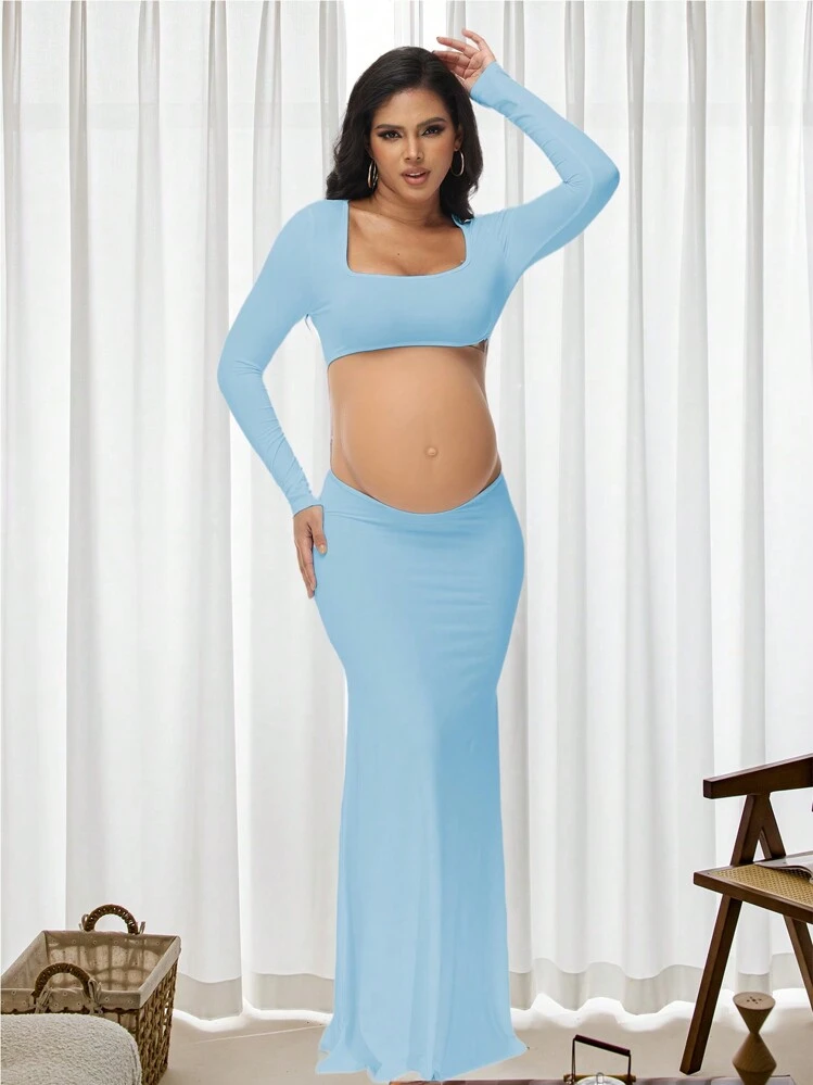 Vestido ajustado sin espalda de maternidad, vestido formal largo de maternidad con cuello cuadrado hueco, adecuado para fotografía, fiestas de baby shower, diseño de manga larga primaveral - Celeste - Añade 4