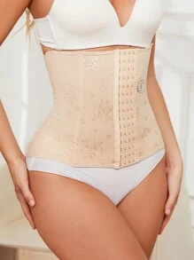 Jacquard Front Closure Tummy Control Body Shaper Waist Trainer Belt - Apricot - View 6